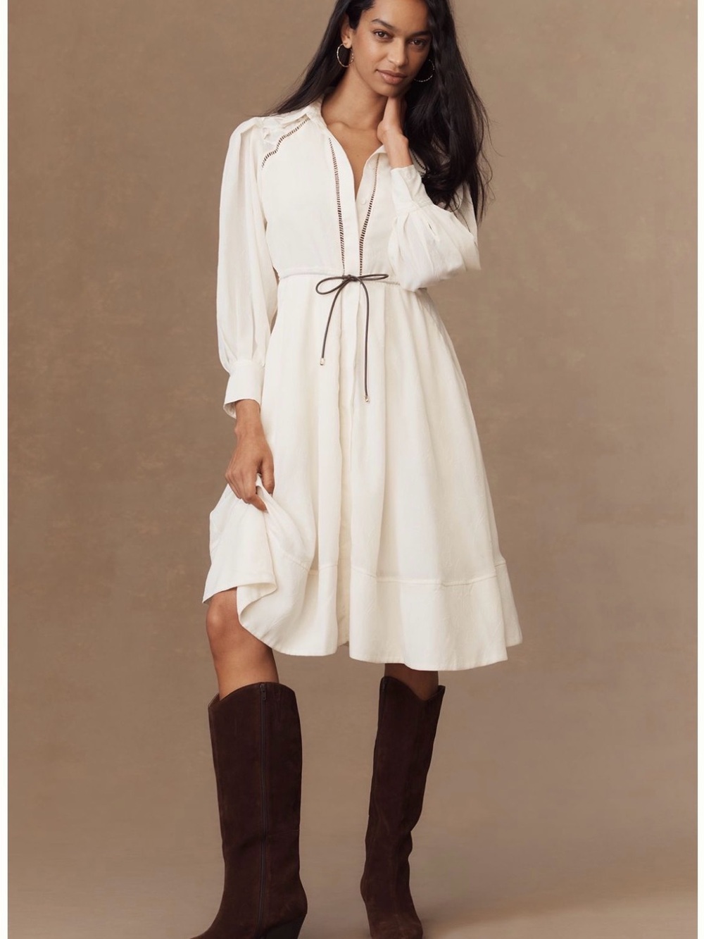 Anthropologie Cream Midi Dress with Tie Waist and Pintuck Details
